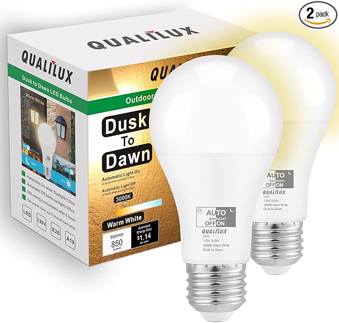 Qualilux Dusk to Dawn LED Light Bulbs Outdoor, Automatic On/Off, 60W Equivalent, Warm White 3000K, Energy Efficient 9.5W, 850 Lumen, A19, E26 Base, 2-Pack, HQ-H007