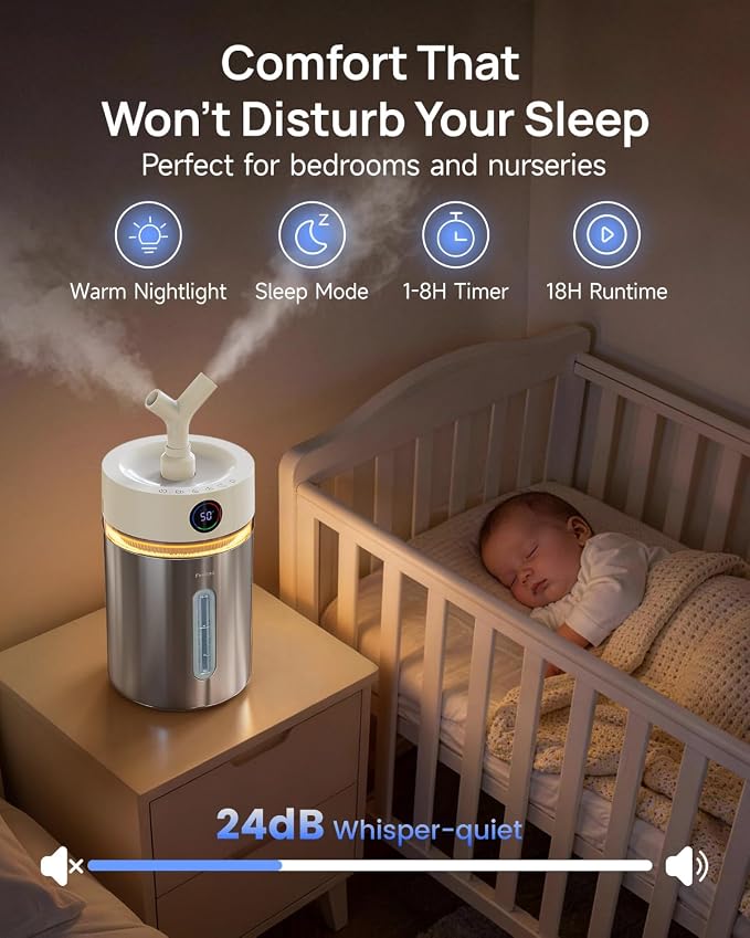 Feekaa Stainless Steel Humidifier, 4L/1Gal Cool Mist Humidifiers for Bedroom, Easy to Clean Dishwasher Safe Humidifier Large Room with Diffuser, Humidifiers for Baby Nursery Living Room Office Plant