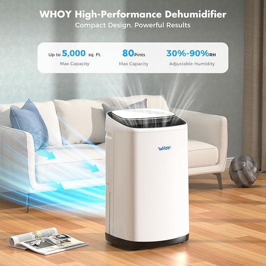 80 Pint Dehumidifier for Basement, 50 Pint DOE, Drain Hose, 5000 Sq Ft