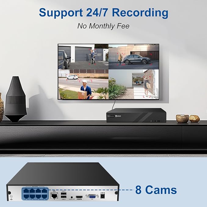 Only Plug & Play with Anpviz U Series Camera, 4K 8CH PoE NVR Network Video Recorder Included 2TB HDD, 8 Channel NVR Support 8MP/6MP/5MP/4MP/3MP IP Camera for 24/7 Recording, NDAA, NVR3108M1-8P-2TB
