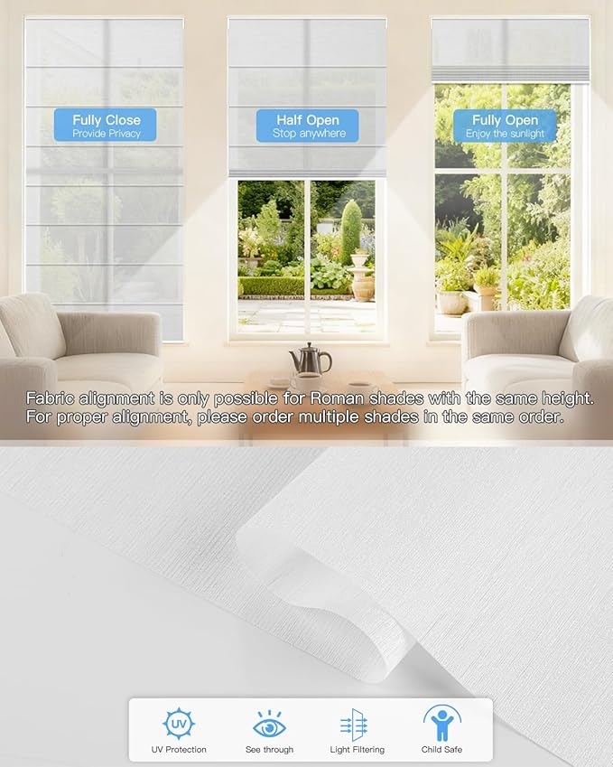 Motorized Roman Shades for Windows, Custom Light Filtering Roman Blinds with Remote, Smart Privacy Window Shades for Living Room Kitchen Office, Alexa & Google Home Compatible, App Control via RF Hub