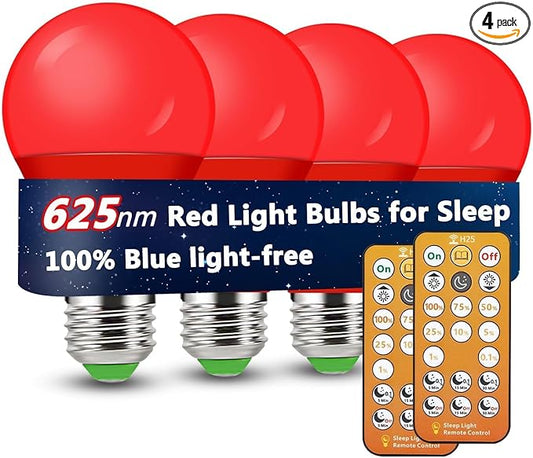 Red Light Bulbs for Sleep with Remote Control, E26 LED Blue Light Blocking A19, 9W for Sleep Therapy, Baby Nursery, Bedroom (4 Packs)