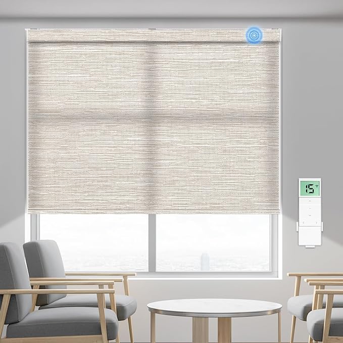 Tokblind Motorized Light Filtering Roller Shade Fabric Covered Valance and Bottom Rod, Remote Control Electric Window Blind Work with Alexa via Hub, Custom Size (Texture Light Coffee - Wrapped Fabric)