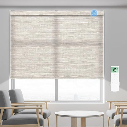 Tokblind Motorized Light Filtering Roller Shade Fabric Covered Valance and Bottom Rod, Remote Control Electric Window Blind Work with Alexa via Hub, Custom Size (Texture Light Coffee - Wrapped Fabric)