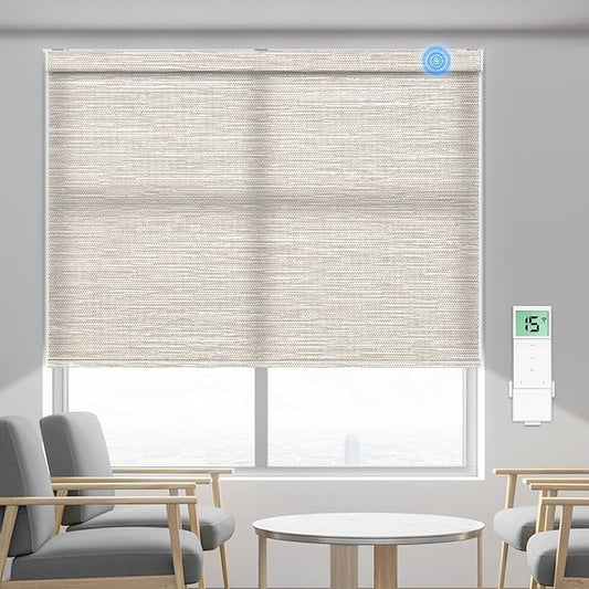 Tokblind Motorized Light Filtering Roller Shade Fabric Covered Valance and Bottom Rod, Remote Control Electric Window Blind Work with Alexa via Hub, Custom Size (Texture Light Coffee - Wrapped Fabric)