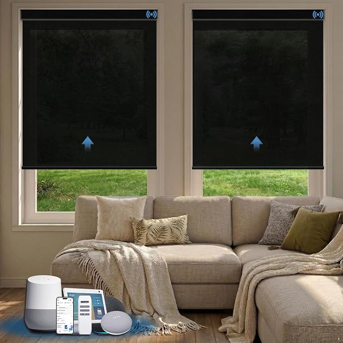 Motorized Blinds with Remote, Light Filtering Smart Blinds for Windows Automatic Roller Shades Compatible with Alexa, Motorized Shades Customized for Living Room Home Office (Black)