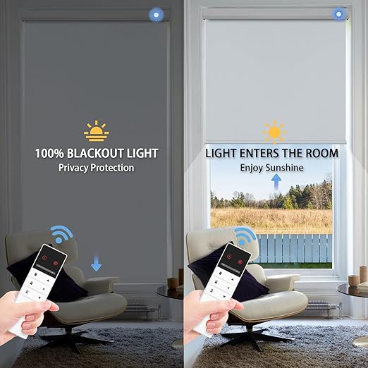 Motorized Blinds with Remote, Blackout Smart Blinds for Windows Motorized Roller Shades, Automatic Shades Work with Alexa/Google/Apple Home for Bedroom Living Room, Custom Size (Fabric-Grey)
