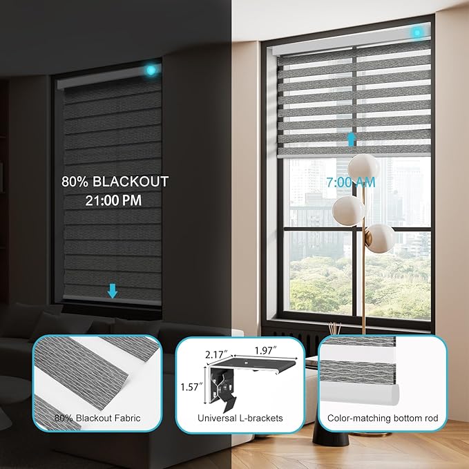 Motorized Zebra Blinds with Remote, Work with HomeKit Alexa, Smart Light Filtering Horizontal Automatic Electric Window Shades for Home Office Customsize(80% Blackout Oceanwave Grey)