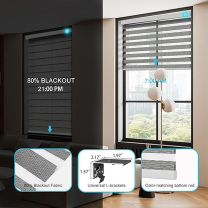 Motorized Zebra Blinds with Remote, Work with HomeKit Alexa, Smart Light Filtering Horizontal Automatic Electric Window Shades for Home Office Customsize(80% Blackout Oceanwave Grey)