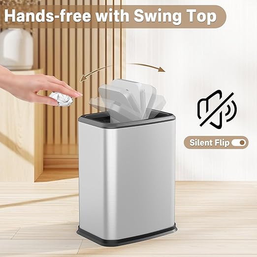 2.1 Gal Slim Bathroom Trash Can with Swing Lid, Rustproof Stainless Steel Small Garbage Can for Narrow Spaces & Toilet Side, Dog Proof Odor Control Waste Basket for Bedroom/Office, Silver