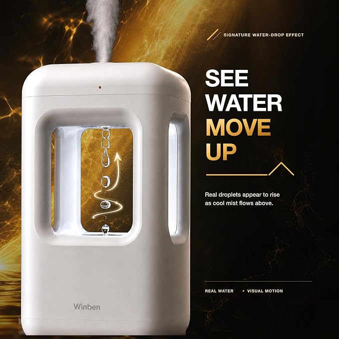 600mL Mini Cool Mist Humidifier with Anti-Gravity Water Drop Display for Bedroom, Nightstand and Personal Spaces, Plug-In, Pearl White