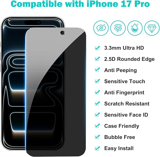 PEHAEL 3+3 Pack for iPhone 17 Pro Privacy Screen Protector with Camera Lens Protector Full Coverage Anti-Spy Tempered Glass Film 9H Hardness Easy Installation Bubble Free [6.3 inch]