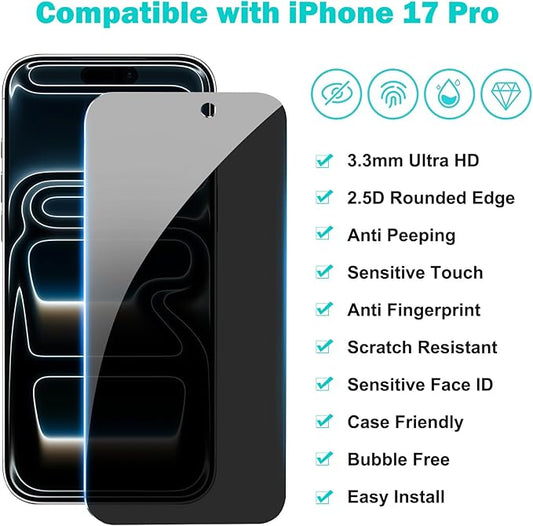 PEHAEL 3+3 Pack for iPhone 17 Pro Privacy Screen Protector with Camera Lens Protector Full Coverage Anti-Spy Tempered Glass Film 9H Hardness Easy Installation Bubble Free [6.3 inch]