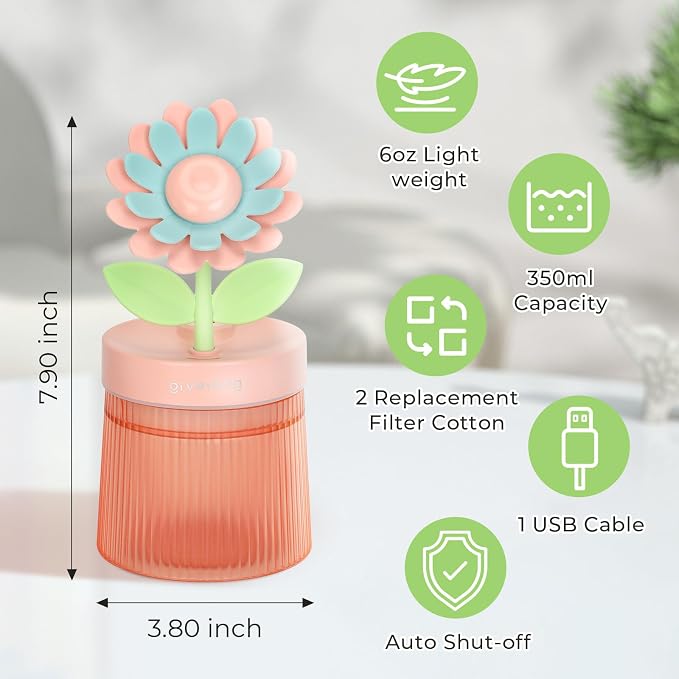 Cute Flower Mini Humidifier, Small Cool Mist Desk Humidifiers, Portable USB Personal Desktop Plant Humidifiers, Cooling for Home Office Car Travel Indoor Outdoor (260ml, Pink Sunflower)