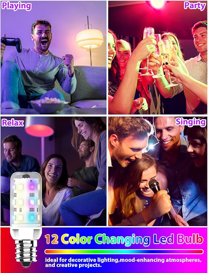 KLG E12 LED Bulb, 12 WRGB Colors Dimmable, 2.5W Small T3/T4 Candelabra Base Light Bulb, 4 Auto Modes with Sync & Memory, 25W Equivalent, 2 Pack