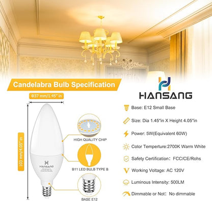 E12 Candelabra LED Bulbs 2700K Warm White, 60Watt Equivalent, Type B Light Bulb for Chandelier, 5W B11 Ceiling Fan Light Bulbs Small Base, 500LM, 120V, Non-dimmable, 4 Pack