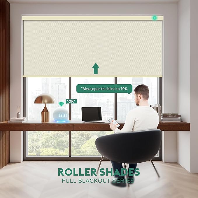 Motorized Blinds with Remote [100% Blackout & Silent Motor] Smart Blinds Compatible with Alexa Google HomeKit, Electric Roller Shades for Indoor Windows, Customized Size, Crossweave Sand