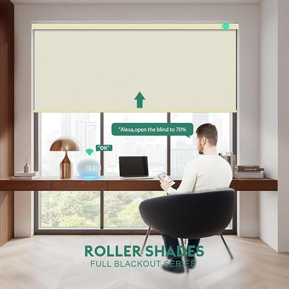 Motorized Blinds with Remote [100% Blackout & Silent Motor] Smart Blinds Compatible with Alexa Google HomeKit, Electric Roller Shades for Indoor Windows, Customized Size, Crossweave Sand