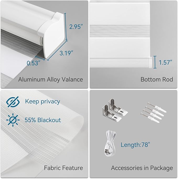 Interior Window Shades, Smart Dual Layer Light Filtering Blinds Compatible with Alexa & Google Home, Customized Size Cordless Electric Window Shades, (White, 55% Blackout)