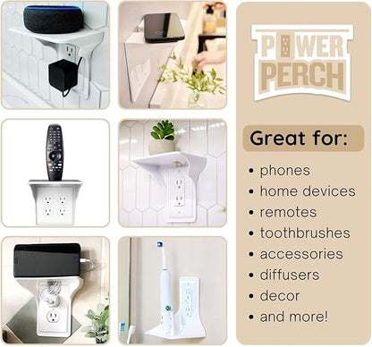 Power Perch Horizontal Wall Outlet Shelf – Bathroom Shelving for Electric Toothbrush & Organization – Useful as Alexa Dot Holder, Small Wall Shelf Apple Homepod Mini Wall Mount – White, 2-Pack
