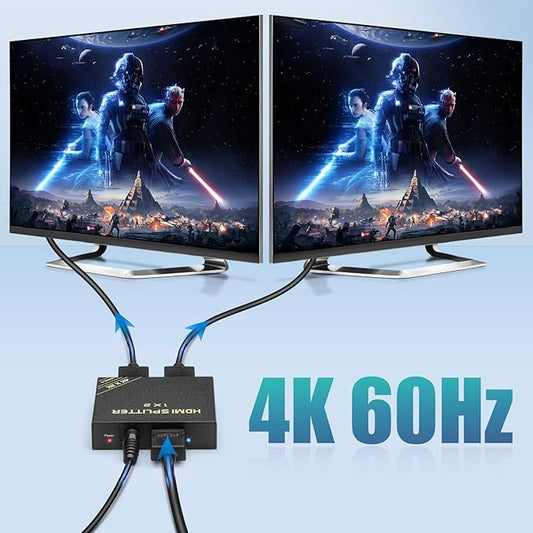HDMI Splitter 1 in 2 Out 60Hz - HDCP Bypass 2.3, HDR, Dolby/DTS 5.1/7.1 - Compatible with Firestick 4k Max, PS3/PS5 & Elgato HD60s/x/Pro, Apple TV 4K, Retrotink, Roku Stick, NOT for Phone