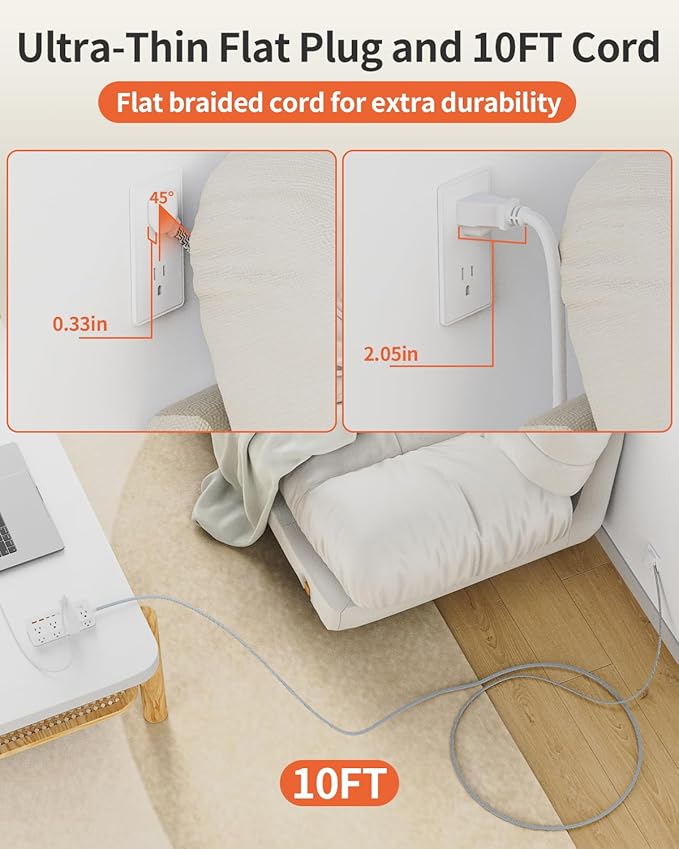 DEPOW Power Strips with Surge Protection, 10 FT Braided Extension Cord with Multiple Outlets-8 AC Outlets 4 USB Ports (2 USB C), 1700 Joule Surge Protector with Flag Plug for Home Office, White