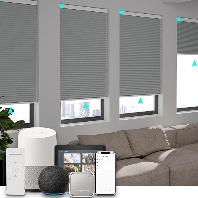 Changshade Motorized Blackout Cellular Shades for Indoor Windows Smart Blinds Automatic Electric Power with Remote Control, Custom Size Honeycomb Blind Compatible with Alexa, Google Home, Grey