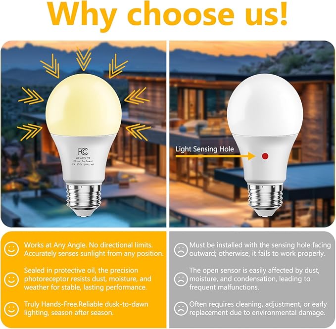 DAYBETTER 4 Pack A19 Dusk to Dawn Light Bulbs Outdoor, 60W Equivalent, Energy Efficient 9W, Light Sensor LED Light Bulb, Automatic on/Off Photocell Bulb for Porch Lighting, Soft White 2700K,E26 Base