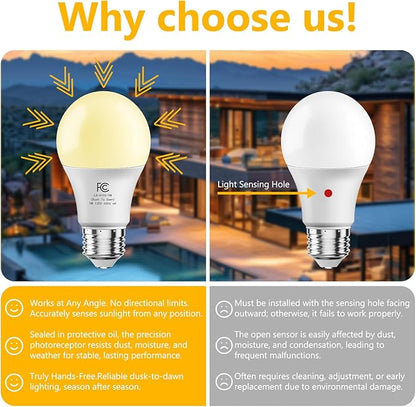 DAYBETTER 4 Pack A19 Dusk to Dawn Light Bulbs Outdoor, 60W Equivalent, Energy Efficient 9W, Light Sensor LED Light Bulb, Automatic on/Off Photocell Bulb for Porch Lighting, Soft White 2700K,E26 Base