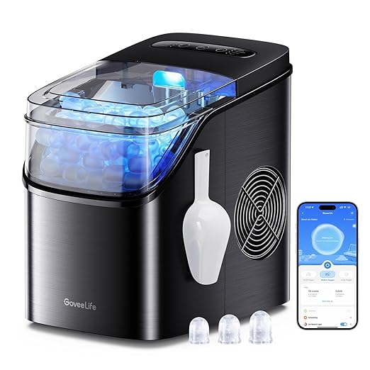 GoveeLife Smart Ice Maker Countertop, Portable Ice Machine with Voice Control, 9 Ice Cubes in 6 Minutes 3 Sizes, 26lbs/24Hrs, Self Cleaning RGB Lights, Quiet Ice Maker with Scoop for Kitchen Black | 9 Ice Cubes in 6 Mins 3 Sizes, Self Cleaning, RGB Lig...