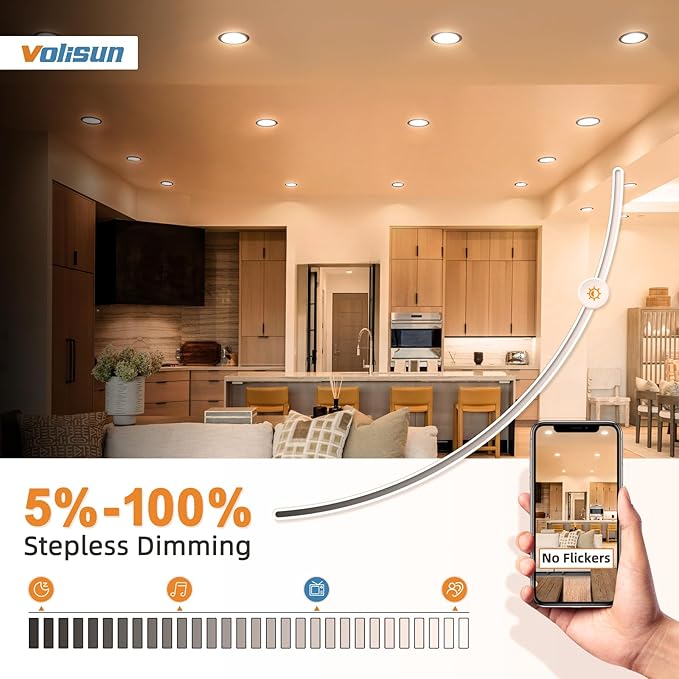 VOLISUN 12 Pack 6 inch Recessed Lighting, 5CCT LED Recessed Light Black, 2700K-5000K Selectable, 13W Eqv 120W, 1080LM Dimmable Canless Wafer Downlight, LED Ceiling Light ETL Certificated