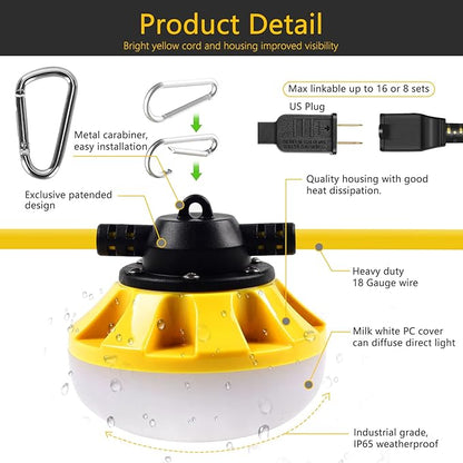 50FT Construction String Lights LED Industrial Grade Best for Construction Sites, Renovation, Walkways,Patio，Mine cave, Outdoor, and Other Outdoor Lighting Solutions Use,Free for Climbing Hook