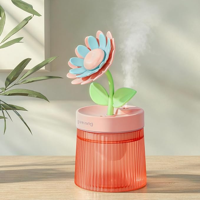 Cute Flower Mini Humidifier, Small Cool Mist Desk Humidifiers, Portable USB Personal Desktop Plant Humidifiers, Cooling for Home Office Car Travel Indoor Outdoor (260ml, Pink Sunflower)