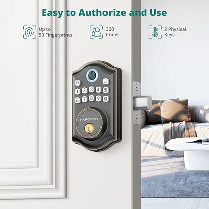 AkaGear Keyless Entry Door Lock with Fingerprint - Door Locks with 2 Keys, Electronic Keypad Deadbolt, Smart Door Locks, Smart Locks for Front Door, Auto-Lock & One Touch Locking - Oil Rubbed Bronze
