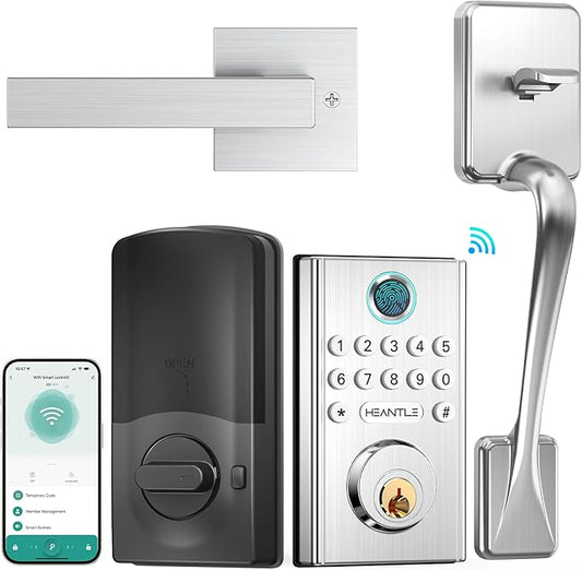 WiFi Smart Door Lock Set: HEANTLE Keyless Entry Deadbolt with Handle Fingerprint Deadbolt Electronic Digital Keypad Door Lock Alexa App Remote Control