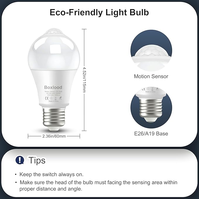 Motion Sensor Light Bulbs, 12W Motion Activated Dusk to Dawn Outdoor Light Bulb (100Watt Equivalent) A19 E26 3000K Warm White for Outdoor Indoor Front Door Porch Garage Basement Hallway, 1 Pack