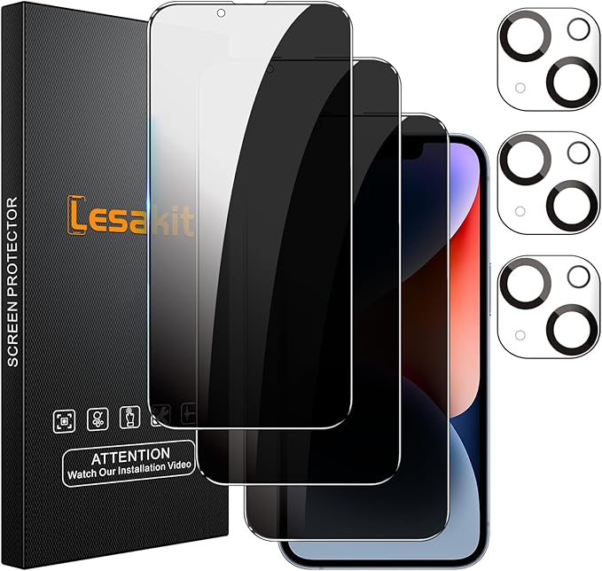 Lesakit 3+3 Pack Privacy Screen Protector for iPhone 14 6.1-Inch with 3 Pack Camera Lens Protector, Anti Spy Tempered Glass Film 9H Hardness Bubble Free Case Friendly