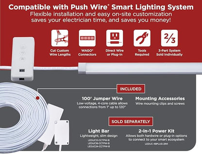 PureOptics LED Professional Push Wire 100' Jumper Wire Spool for Under Cabinet Lighting, Flat 5/6" or 8mm Cable, 4-Core CL2 Compliant, Non-Metallic, White