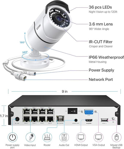 ZOSI 8CH 4K PoE Home Security Camera System, 8 Ports 16CH 8MP NVR with 2TB HDD, 4pcs 5MP Outdoor PoE IP Cameras, 100ft Night Vision, Person Vehicle Detection, Remote Access, for 24/7 Recording