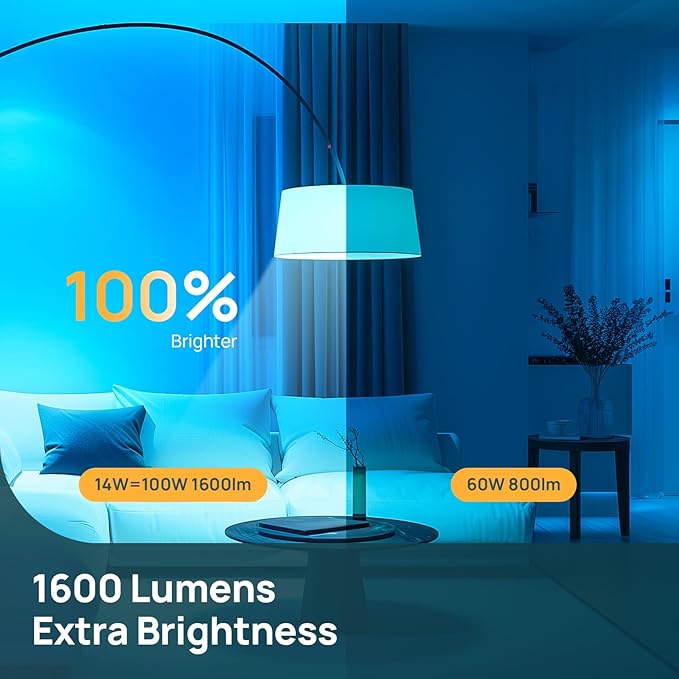 Linkind Smart Light Bulbs, 1600LM (100W Equivalent) A21 Smart Bulb, Compatible with Alexa & Google Home, 14W E26 RGBTW Color Changing Bulb with Music Sync, 2.4GHz Wi-Fi & Bluetooth, 4Pack
