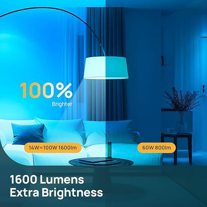 Linkind Smart Light Bulbs, 1600LM (100W Equivalent) A21 Smart Bulb, Compatible with Alexa & Google Home, 14W E26 RGBTW Color Changing Bulb with Music Sync, 2.4GHz Wi-Fi & Bluetooth, 4Pack