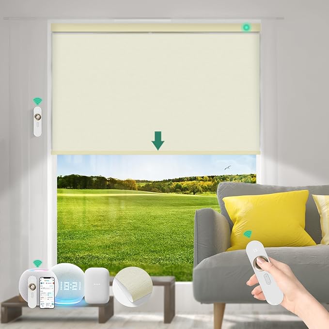 Motorized Blinds with Remote [100% Blackout & Silent Motor] Smart Blinds Compatible with Alexa Google HomeKit, Electric Roller Shades for Indoor Windows, Customized Size, Linear Wheat Gold