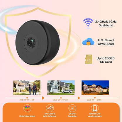 2K Wireless Dome Security Camera, 5GHz/2.4GHz WiFi Window Camera, No-Drill Mount Indoor Outdoor, Color Night Vision, Human Detection, 24/7 Recording, Alexa Compatible, for Apartment, Office & Garage