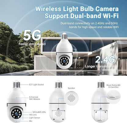 Chpuss Light Bulb Security Camera, 5G& 2.4GHz WiFi Security Cameras Wireless Outdoor for Home Security, 2-Way Audio Color Night Vision, 2-in-1 Lightbulb Socket Camera Motion Detection Siren Alarm