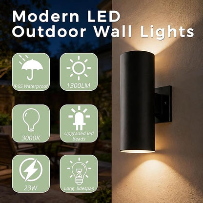 Outdoor Wall Lights 2 Pack, 12'' Up and Down LED Cylinder Exterior Lighting Fixtures, 23W 3000K IP65 Waterproof Wall Sconces for House, Garage, Patio, Porch, Black