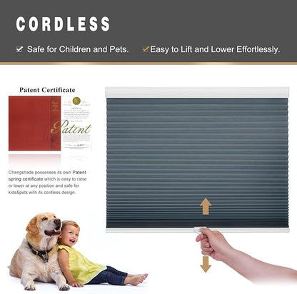 Changshade Cellular Shades Light Filtering Cordless Custom Size, Honeycomb Door Window Blinds 1.5 inch Cell Pleated Easy to Install for Home, Office, Apartment, House, Bedroom, Nursey, Dark Blue