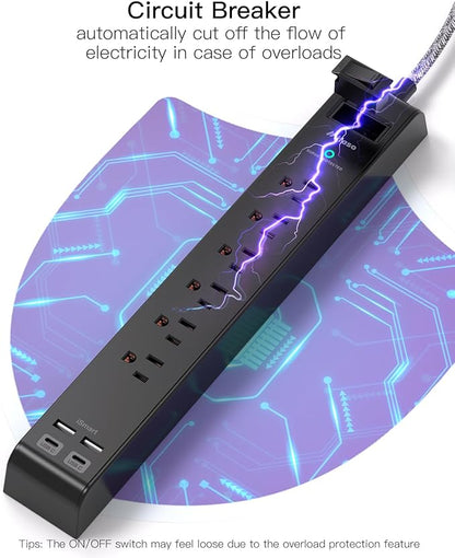 2 Pack Surge Protector Power Strip, Slim Flat Plug, Braided Extension Cord, 5-Foot, 900 Joules, 6 Outlets 4 USB Ports, Wall Mount for Home Office Dorm