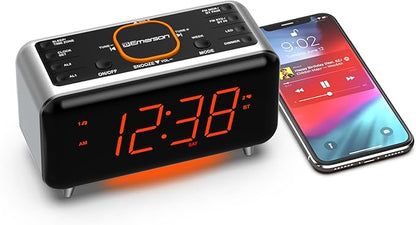 Emerson CKS1521-A SmartSet Bluetooth Dual Alarm Clock Radio with 1.4” Orange LED Display, Auto Time-Set, USB Phone Charger, FM Radio, AUX Input, Auto-Dimmer & Orange Accent Light