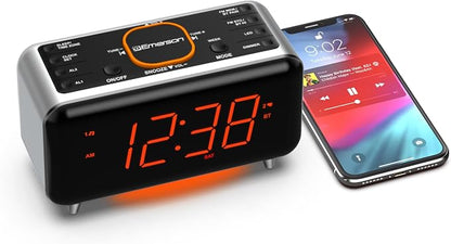 Emerson CKS1521 SmartSet Bluetooth Dual Alarm Clock Radio with 1.4” Orange LED Display, USB Charger, FM Radio, AUX Input, Auto-Dimmer, and Orange Accent Light