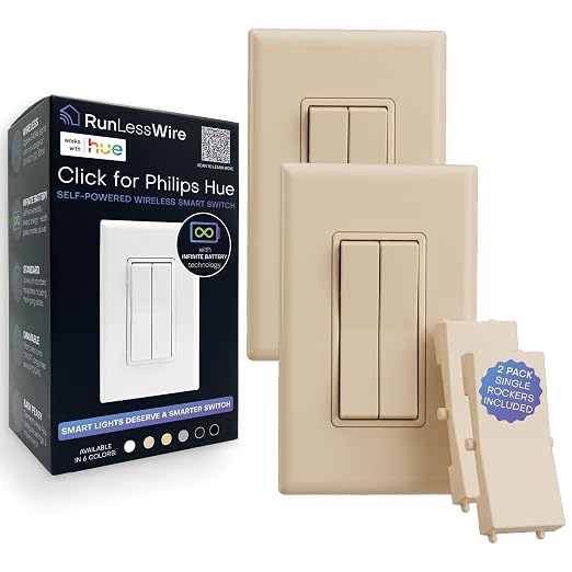 RunLessWire Click for Hue Battery-Free Wireless Switch 2 Pack Light Almond | Dimmable Kinetic Switch Pairs Natively to Philips Hue Bridge, 4 Programmable Buttons to Control Scenes & Areas, 100ft Range